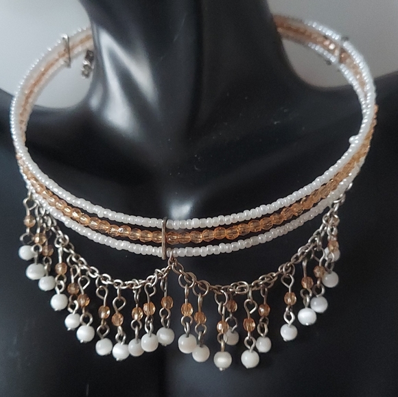 N1254 Beaded Layered Dangle Memory Wire Choker - Picture 3 of 9